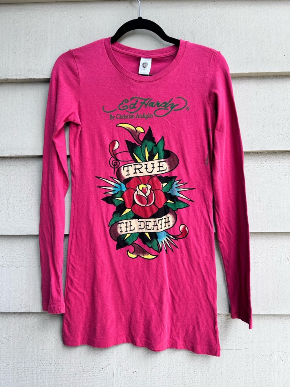 Deadstock NWT Ed Hardy 'True Til Death' Tattoo-Style Long Sleeve T-Shirt Dress S